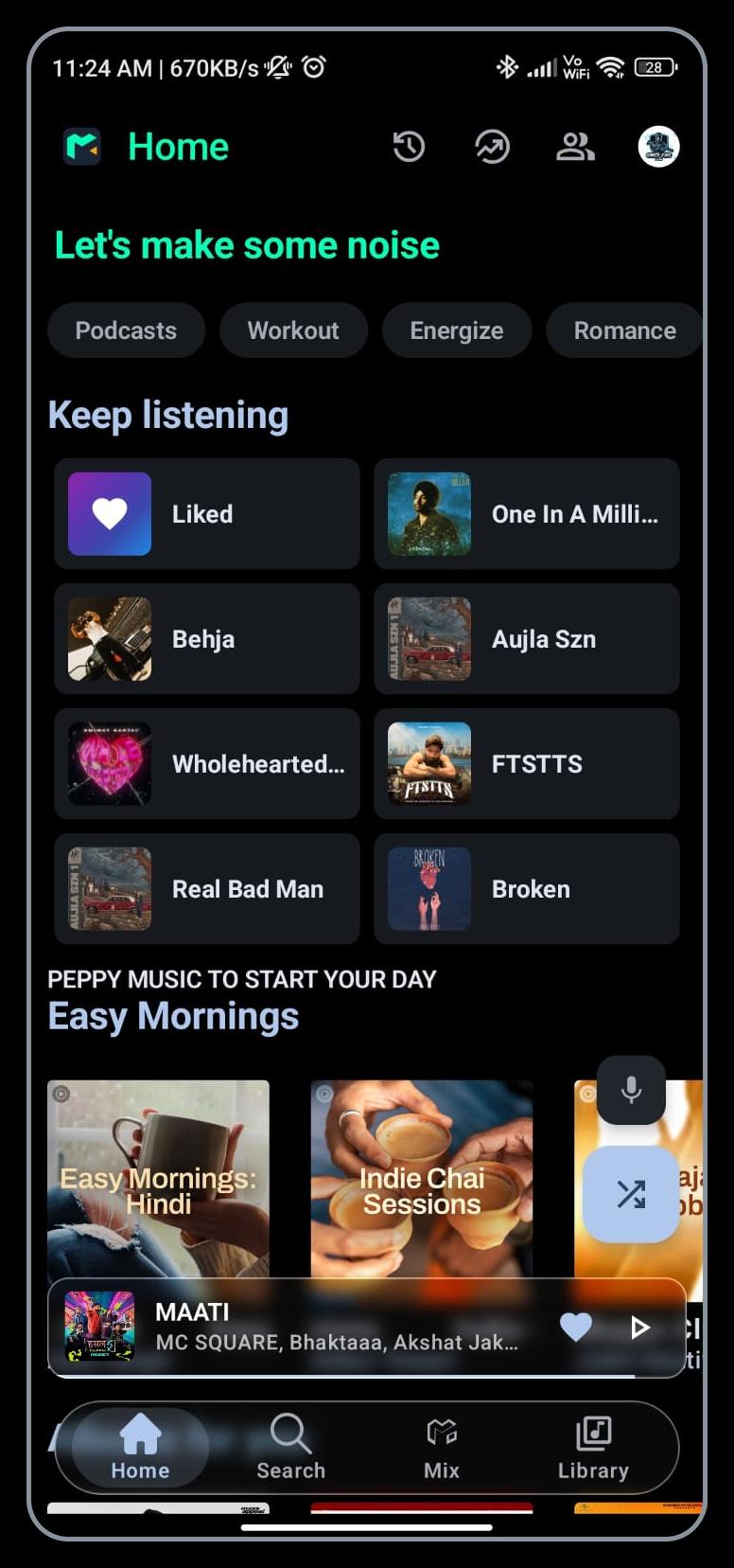 Mixify home screen showing listening recommendations